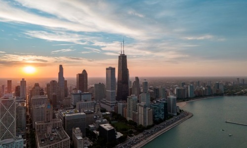 Chicago luxury apartment skyline at sunset